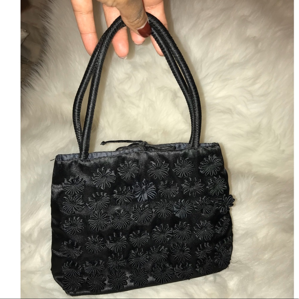 Gorgeous Vintage Black Satin Flowers Small Handbag